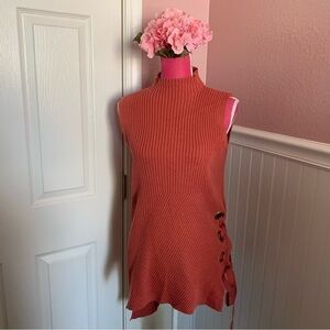 Rust colored Sleeveless Mock Turtleneck Tank with Tie Detail, Sweater Material